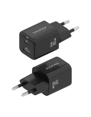 AISENS Cargador Gan 30W, 1xUSB-C PD3.0 QC4.0, 1xUSB-A QC3.0, Negro