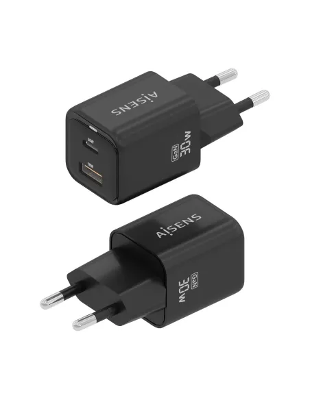 AISENS Cargador Gan 30W, 1xUSB-C PD3.0 QC4.0, 1xUSB-A QC3.0, Negro