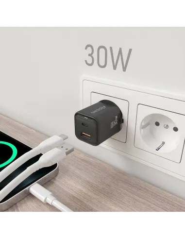 AISENS Cargador Gan 30W, 1xUSB-C PD3.0 QC4.0, 1xUSB-A QC3.0, Negro