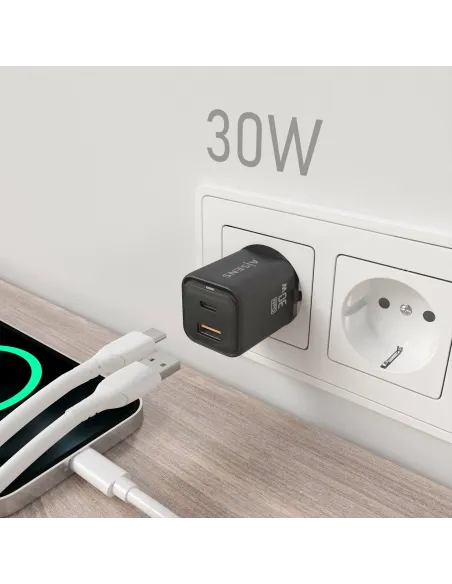 AISENS Cargador Gan 30W, 1xUSB-C PD3.0 QC4.0, 1xUSB-A QC3.0, Negro