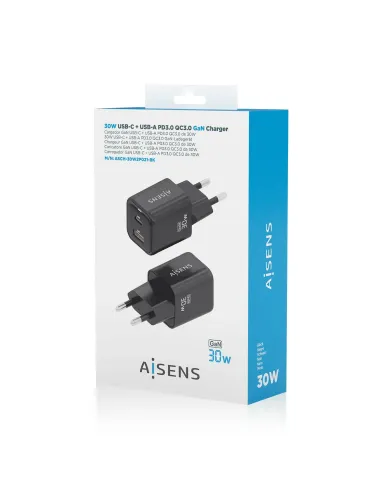 AISENS Cargador Gan 30W, 1xUSB-C PD3.0 QC4.0, 1xUSB-A QC3.0, Negro