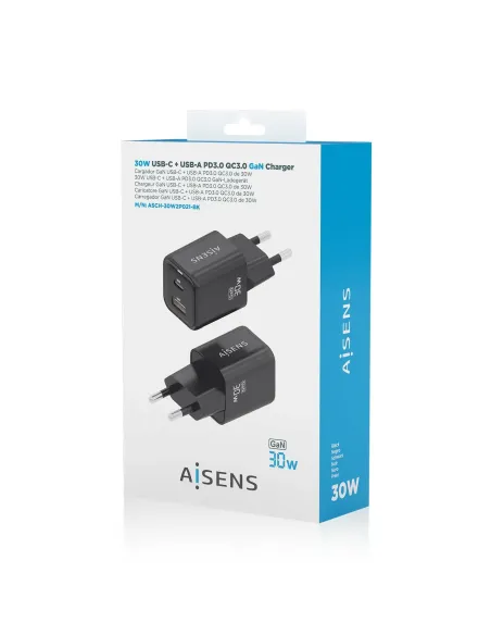 AISENS Cargador Gan 30W, 1xUSB-C PD3.0 QC4.0, 1xUSB-A QC3.0, Negro