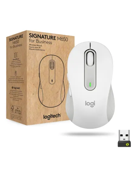 Logitech Signature M650 for Business, Ratón inalámbrico, Para manos pequeñas medianas, Logi Bolt, Bluetooth, SmartWheel, Blanco