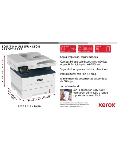 Xerox B235 A4 34 ppm Inalámbrica Copia impresión escaneado fax PS3 PCL5e 6 ADF 2 bandejas Total 251 hojas