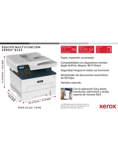 Xerox B225 A4 34 ppm Inalámbrica a doble cara Copia impresión escaneado PS3 PCL5e 6 ADF 2 bandejas Total 251 hojas
