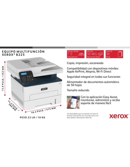 Xerox B225 A4 34 ppm Inalámbrica a doble cara Copia impresión escaneado PS3 PCL5e 6 ADF 2 bandejas Total 251 hojas