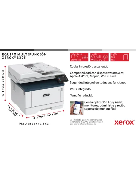 Xerox B305 A4 38 ppm Inalámbrica a doble cara Copia impresión escaneado fax PS3 PCL5e 6 2 bandejas 350 hojas