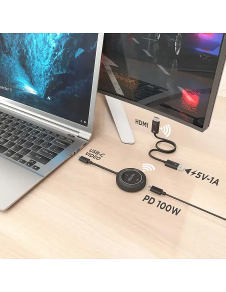 AISENS USB-C A HDMI Inalambrico 1080P 30m + USB-C PD 100W, Negro