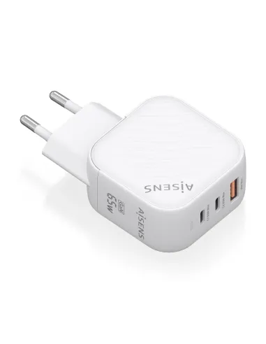 AISENS Cargador GaN 65W, 2xUSB-C PD3.0 QC4.0, 1xUSB-A QC3.0, Blanco