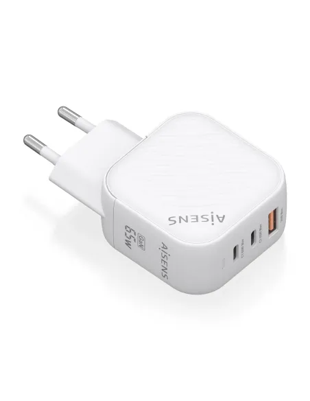 AISENS Cargador GaN 65W, 2xUSB-C PD3.0 QC4.0, 1xUSB-A QC3.0, Blanco