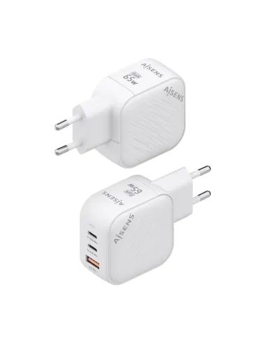 AISENS Cargador GaN 65W, 2xUSB-C PD3.0 QC4.0, 1xUSB-A QC3.0, Blanco