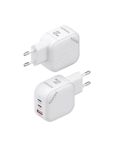 AISENS Cargador GaN 65W, 2xUSB-C PD3.0 QC4.0, 1xUSB-A QC3.0, Blanco