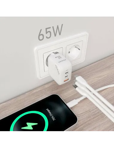 AISENS Cargador GaN 65W, 2xUSB-C PD3.0 QC4.0, 1xUSB-A QC3.0, Blanco