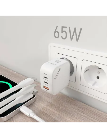 AISENS Cargador GaN 65W, 2xUSB-C PD3.0 QC4.0, 1xUSB-A QC3.0, Blanco