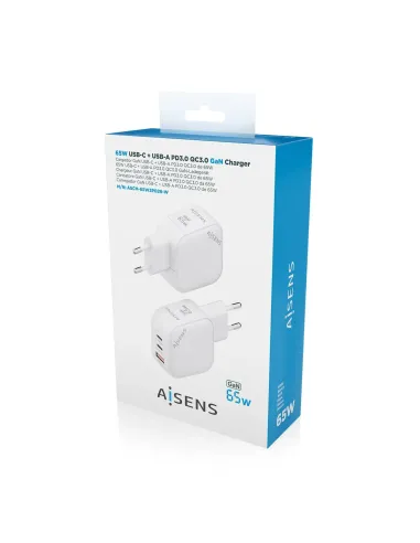 AISENS Cargador GaN 65W, 2xUSB-C PD3.0 QC4.0, 1xUSB-A QC3.0, Blanco