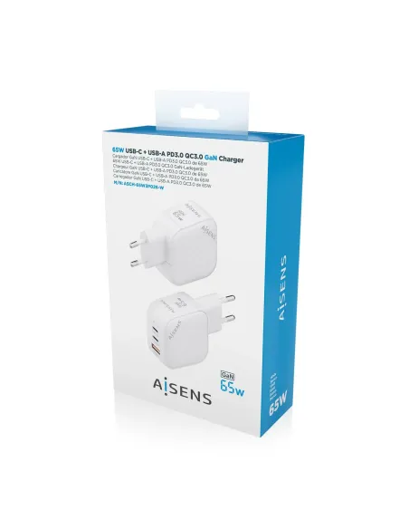 AISENS Cargador GaN 65W, 2xUSB-C PD3.0 QC4.0, 1xUSB-A QC3.0, Blanco