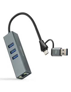 Nanocable Conversor USB-C+USB-A M 3.0 a Ethernet + 3xUSB-A 3.0, Aluminio, Gris, 15 cm