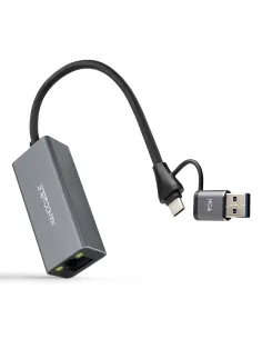 Nanocable Conversor USB-C+USB-A M 3.0 a Ethernet, Aluminio, Gris, 15 cm
