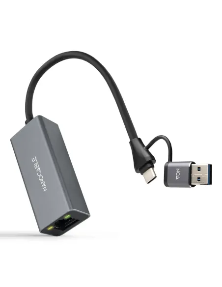 Nanocable Conversor USB-C+USB-A M 3.0 a Ethernet, Aluminio, Gris, 15 cm