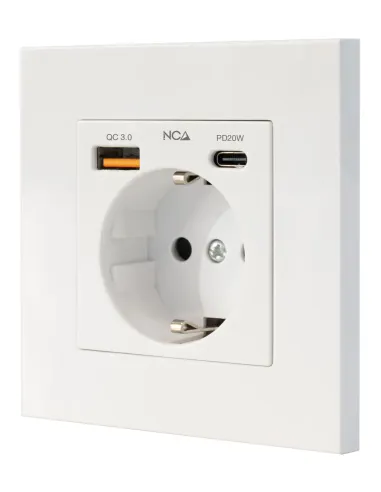 Nanocable Base de enchufe de pared tipo schuko con 1xUSB-A QC 3.0 + 1xUSB-C PD - Max. 3.4A, Blanco
