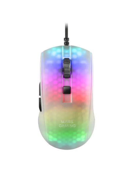Mars Gaming MMRW, Ratón Gaming RGB Chroma, Estructura Translúcida Ultra-ligera 58 g, 12800 DPI, Switches Mecánicos HUANO, Blanco