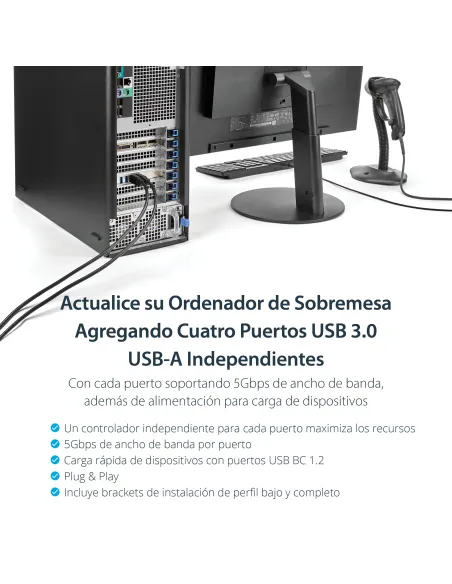 StarTech.com Adaptador Tarjeta PCI Express PCI-E 4 Puertos USB 3.0 UASP 2 Canales de 5Gbps con Alimentación Molex SATA