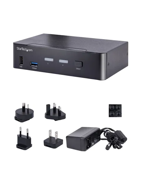 StarTech.com Switch Conmutador KVM USB C Tipo C, KVM de 2 puertos DisplayPort con Vídeo UHD HDR de 4K 60Hz, Audio de 3,5mm, Hub