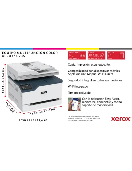 Xerox C235 A4 22 ppm Inalámbrica Copia impresión escaneado fax PS3 PCL5e 6 ADF 2 bandejas Total 251 hojas
