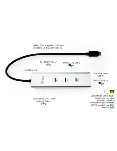 i-tec Metal USB-C Charging HUB 5port with USB-C video 8K + Power Delivery 85W