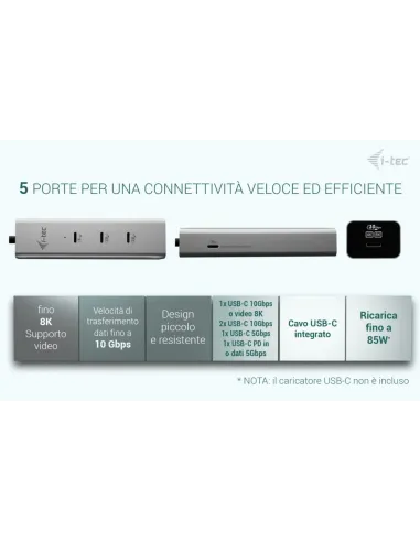i-tec Metal USB-C Charging HUB 5port with USB-C video 8K + Power Delivery 85W