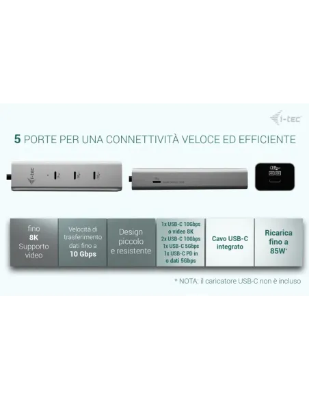 i-tec Metal USB-C Charging HUB 5port with USB-C video 8K + Power Delivery 85W