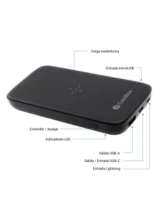 CoolBox POWERBANK QI INALAMBRICO USB-A USB-C MICROUSB LIGHTING 10.000MAH NEGRO