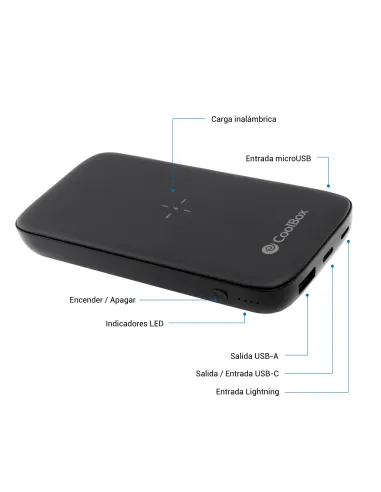 CoolBox POWERBANK QI INALAMBRICO USB-A USB-C MICROUSB LIGHTING 10.000MAH NEGRO