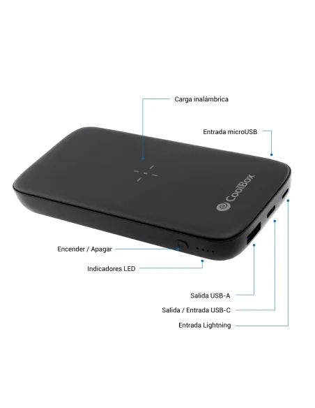 CoolBox POWERBANK QI INALAMBRICO USB-A USB-C MICROUSB LIGHTING 10.000MAH NEGRO
