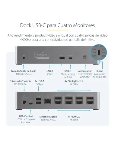 StarTech.com Mini Docking Station USB-C - Replicador de Puertos para 4 Monitores DisplayPort y HDMI 4K 60Hz - con PD de 100W -