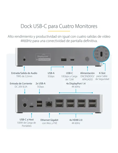 StarTech.com Mini Docking Station USB-C - Replicador de Puertos para 4 Monitores DisplayPort y HDMI 4K 60Hz - con PD de 100W -
