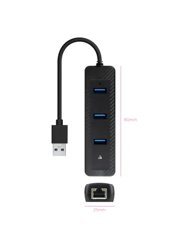 Nanocable Hub USB-A 3.0 a 3xUSB-A 3.0 + RJ45, USB-A M- USB-A M-RJ45 H, Negro, 15 cm