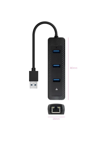 Nanocable Hub USB-A 3.0 a 3xUSB-A 3.0 + RJ45, USB-A M- USB-A M-RJ45 H, Negro, 15 cm