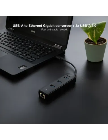 Nanocable Hub USB-A 3.0 a 3xUSB-A 3.0 + RJ45, USB-A M- USB-A M-RJ45 H, Negro, 15 cm