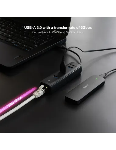 Nanocable Hub USB-A 3.0 a 3xUSB-A 3.0 + RJ45, USB-A M- USB-A M-RJ45 H, Negro, 15 cm