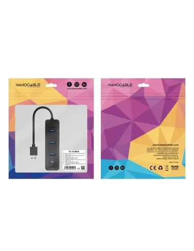 Nanocable Hub USB-A 3.0 a 3xUSB-A 3.0 + RJ45, USB-A M- USB-A M-RJ45 H, Negro, 15 cm