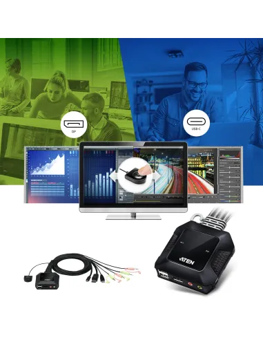 ATEN Switch KVM en formato cable híbrido DisplayPort de 2 puertos USB-C