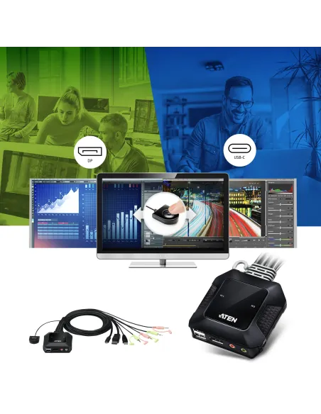 ATEN Switch KVM en formato cable híbrido DisplayPort de 2 puertos USB-C