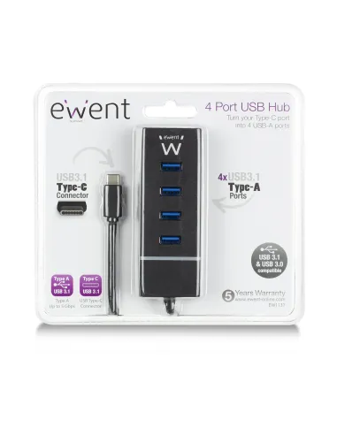 Ewent EW1137 hub de interfaz USB 3.2 Gen 1 (3.1 Gen 1) Type-C 5000 Mbit s Negro