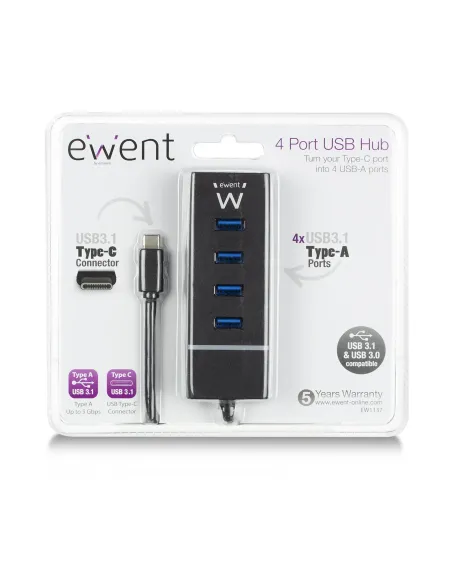 Ewent EW1137 hub de interfaz USB 3.2 Gen 1 (3.1 Gen 1) Type-C 5000 Mbit s Negro