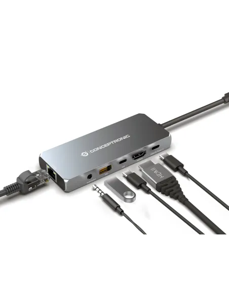 Conceptronic DONN22G base para portátil y replicador de puertos Alámbrico USB 3.2 Gen 2 (3.1 Gen 2) Type-C Gris