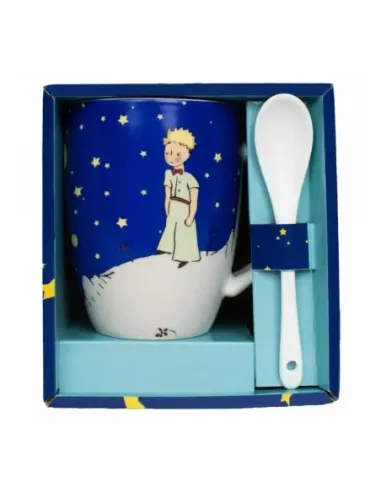 Taza con cuchara enesco el principito bajo el cielo estrellado