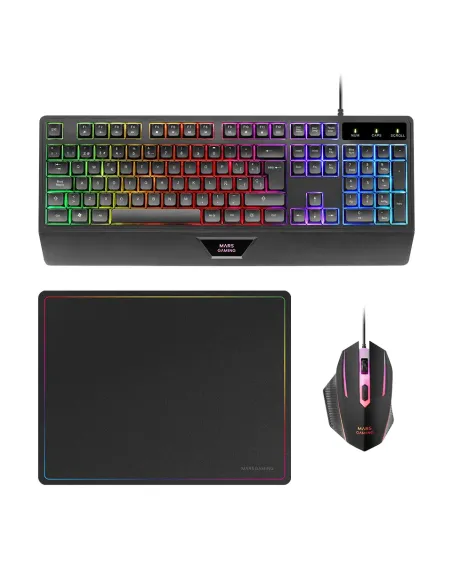 Mars Gaming MCP124, Combo Gaming 3en1, Teclado Ergonómico H-Mech LED RGB, Ratón RGB 3200DPI Switches HUANO, Alfombrilla