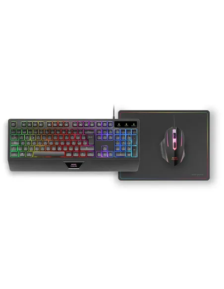 Mars Gaming MCP124, Combo Gaming 3en1, Teclado Ergonómico H-Mech LED RGB, Ratón RGB 3200DPI Switches HUANO, Alfombrilla