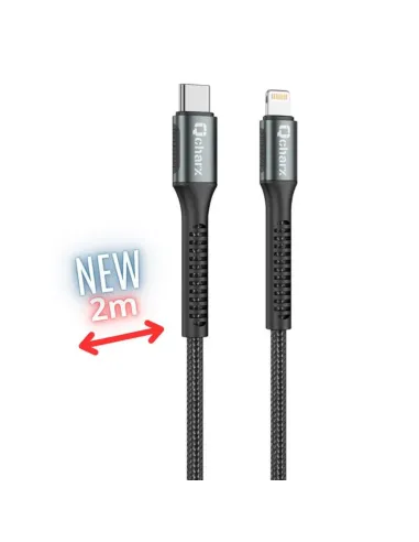 Cable qchar prague usb tipo c a lightning - 2m - aleacion de aluminio negro cordon de tela suave